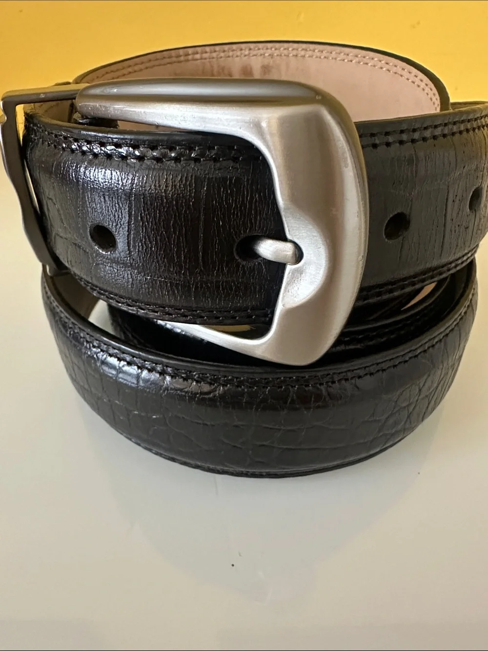 Men's Black Leather Croc Embossed Dress Belt with Brushed Steel Buckle 3XL